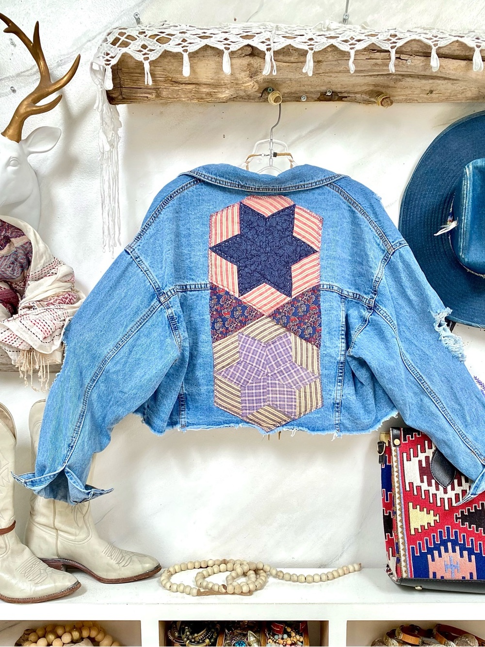 Upcycled patchwork quilted back star detailing rustic denim jacket western vibe